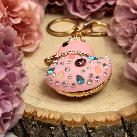 Pink Jeweled Duck with Crystals and Crown Keychain Charm - Picture 9 of 13